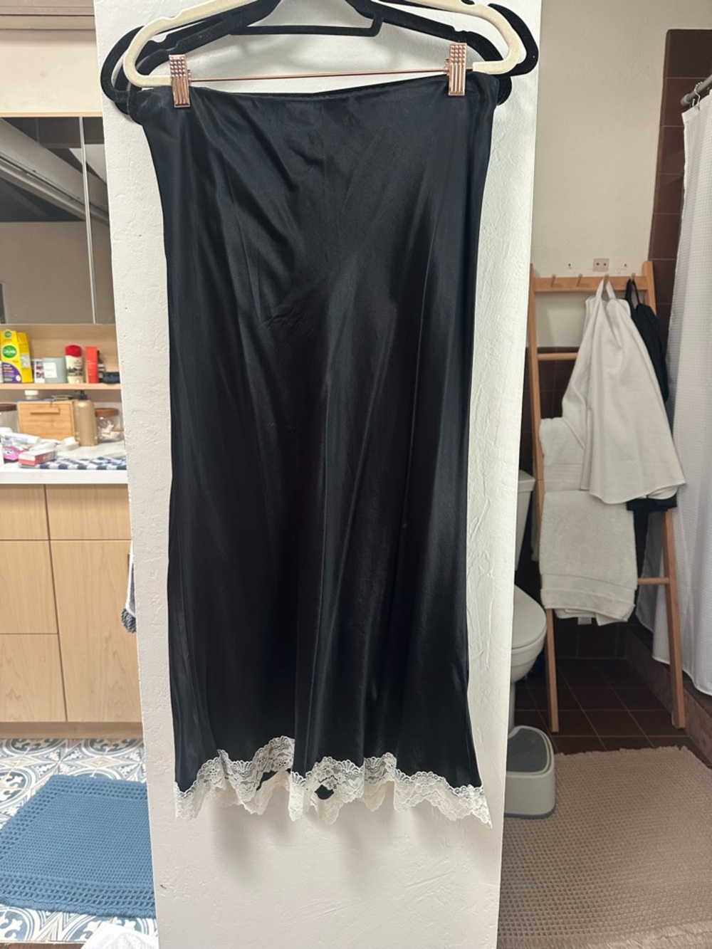 Anthropologie Black Slip Dress with White Lace Trim